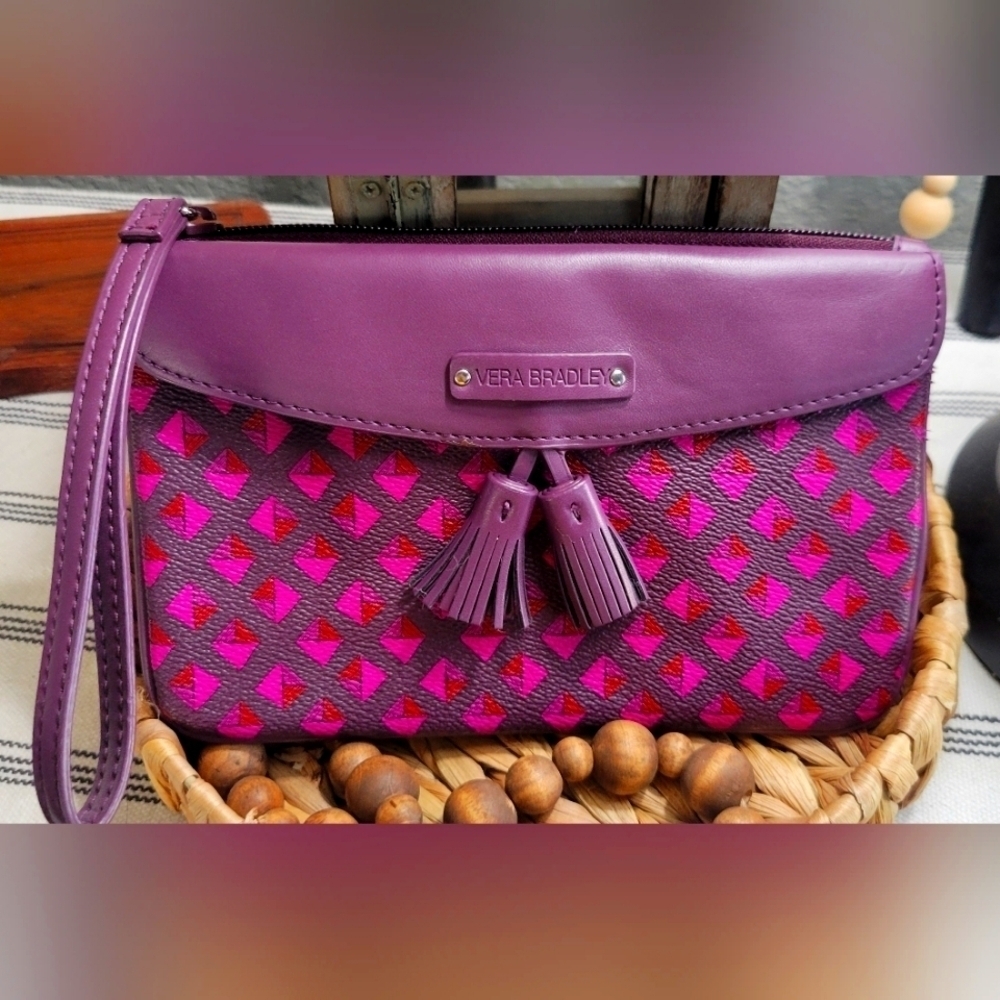 Vera Bradley Wristlet Clutch Purple Pink Red Leather Diamond PatternTassels NWOT